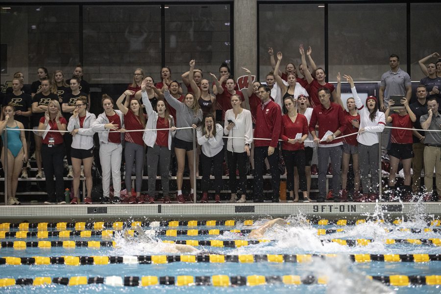 Members of the Wisconsin swim team cheer on their athletes during the third heat of the 200 yard individual medley during the final round of competition for the 2020 Women’s Big Ten Swim & Dive Championships on Thursday, Feb. 20, 2020 at the Campus Recreation and Wellness Center.