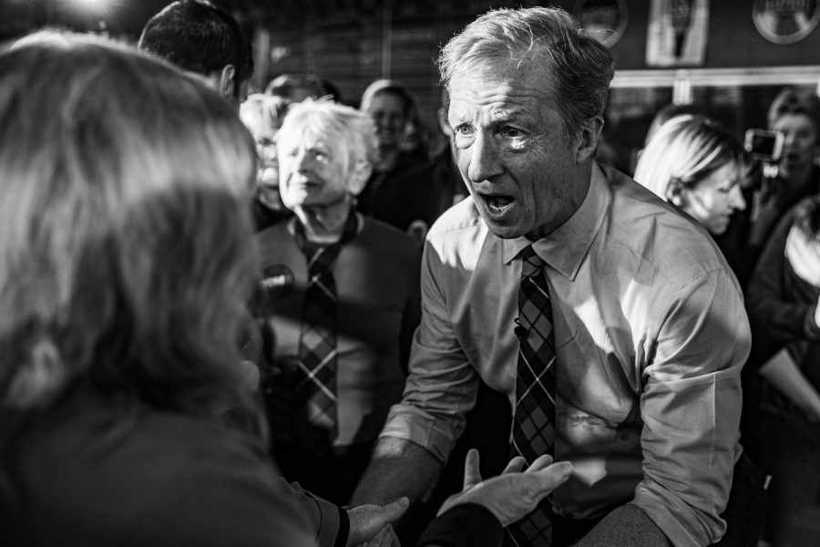 Tom Steyer meets with supporters during a campaign rally at Backpocket Brewery in Coralville on Sunday, Feb. 2, 2020. The Iowa Caucuses will be held on Feb. 3.