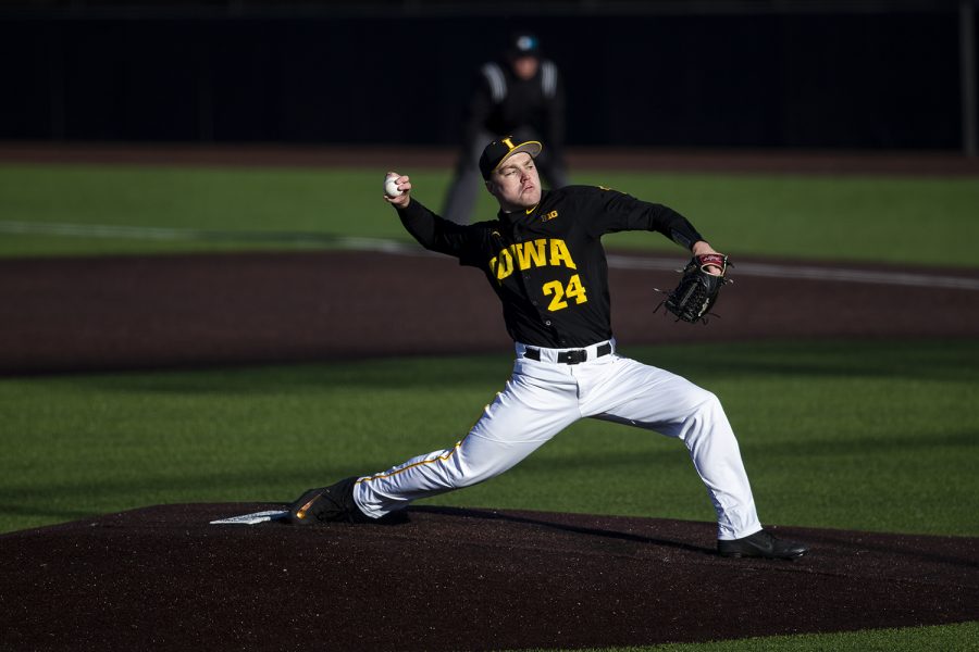 Iowa right handed pitcher Hunter Lee pitches during a baseball game between Iowa and Grand View at Duane Banks Field on March 3, 2020. The Hawkeyes defeated the Vikings 15-2.