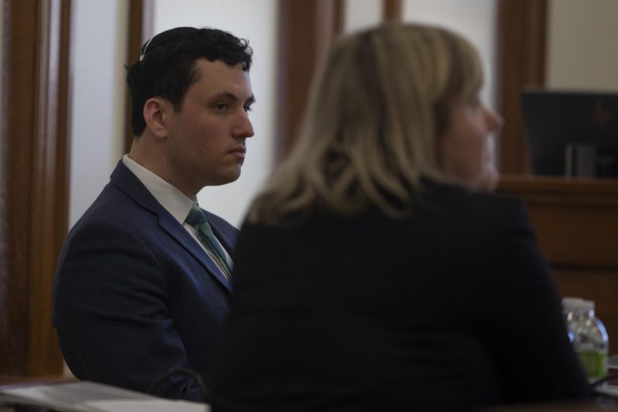 Former Iowa Hillel Director David Weltman listens during the third and final day of trial on Thursday, March 5, 2020, at the Johnson County Courthouse. Weltman was found guilty of second-degree sexual abuse, a Class-B felony.