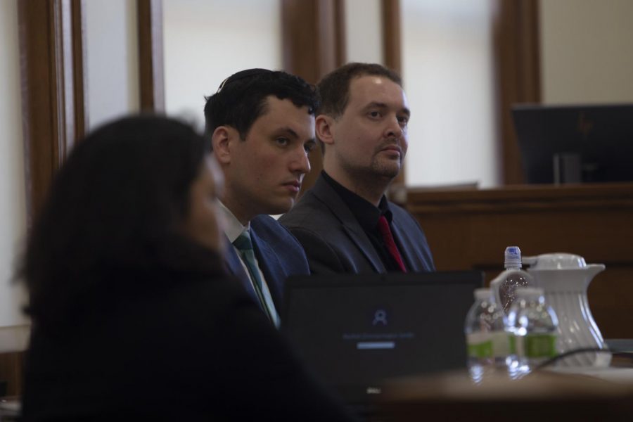 Former Hillel director David Weltman and his attorney Christopher Foster listen to the state’s closing argument during the third and final day of trial on Thursday, 5, 2020, at the Johnson County Courthouse. Weltman was convicted of second-degree sexual abuse, a Class B felony. (Emily Wangen/The Daily Iowan)