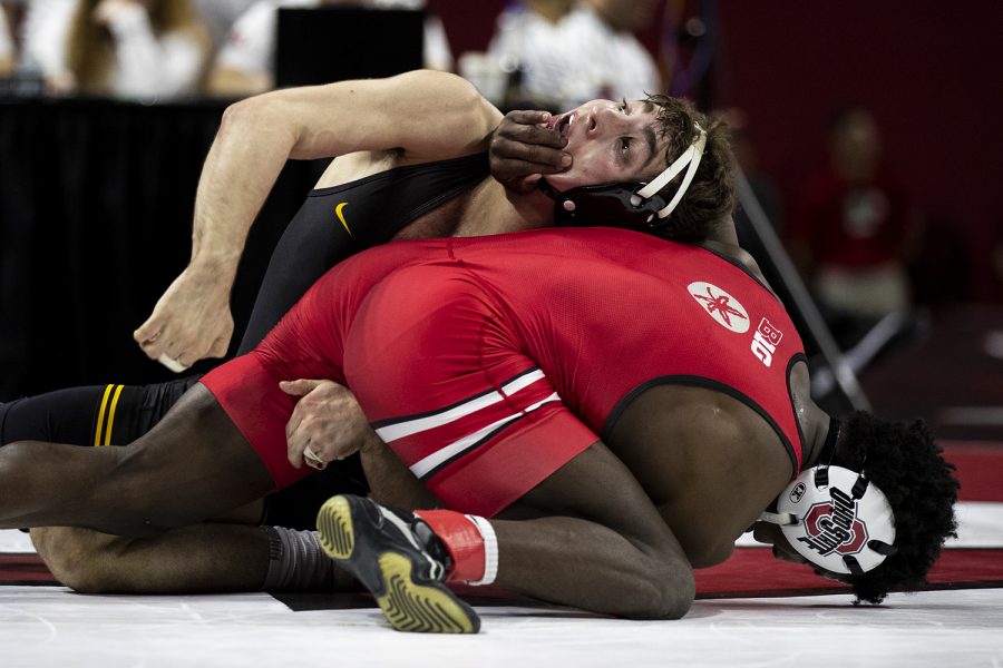 Iowas 133-pound Austin DeSanto grapples with Ohio States Jordan Decatur during session one of the Big Ten Wrestling Tournament in Piscataway, NJ on Saturday, March 7, 2020. DeSanto won by major decision, 17-3.