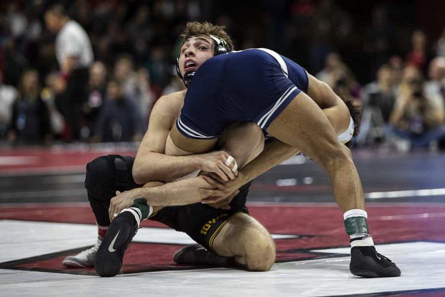 Iowas 133-pound Austin DeSanto grapples with Penn States Roman Bravo-Young during session two of the Big Ten Wrestling Tournament in Piscataway, NJ on Saturday, March 7, 2020. Bravo-Young won by decision, 3-2. 