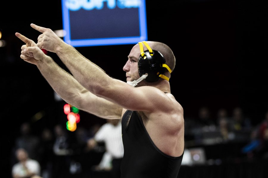 Iowas+165-pound+Alex+Marinelli+celebrates+after+defeating+Northwesterns++Shayne+Oster+during+session+two+of+the+Big+Ten+Wrestling+Tournament+in+Piscataway%2C+NJ+on+Saturday%2C+March+7%2C+2020.+Marinelli+won+by+fall+in+2%3A41.+