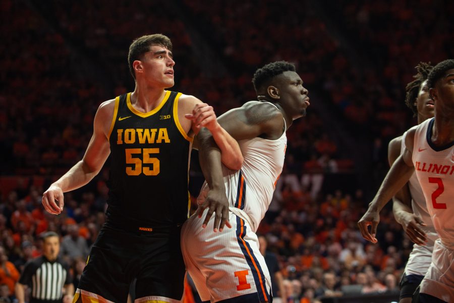 Iowa+Center+Luka+Garzais+blocked+by+Illinois+Center+Kofi+Cockburn+during+a+game+against+the+University+of+Illinois+on+Sunday%2C+March%2C+8%2C+2020+at+the+State+Farm+Center+in+Champaign%2C+Illinois.+The+Hawkeyes+lost+to+the+Fighting+Illini%2C+76-78.+