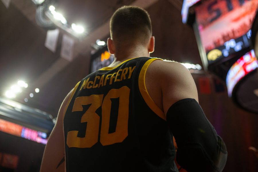 Iowa guard Connor McCaffery holds the ball on the sidelines o the court in the final 1.6 seconds of a game on Sunday, March 8, 2020 at the State Farm Center in Champaign, Ill. The Hawkeyes lost to the Fighting Illini, 76-78. 
