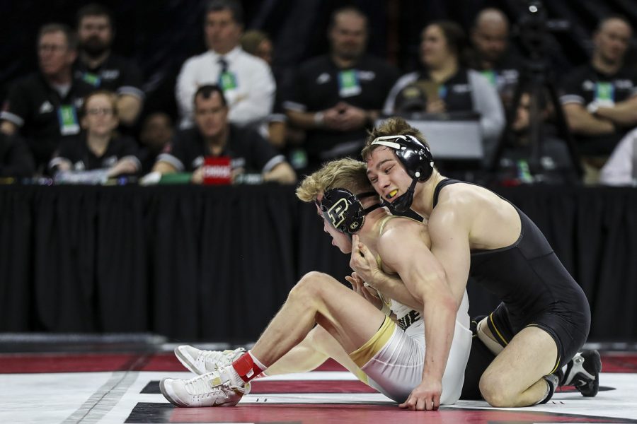 Iowas 125-pound Spencer Lee grapples with Purdues  Devin Schroder during the final session of the Big Ten Wrestling Tournament in Piscataway, NJ, on Sunday, March 8, 2020. Lee won by major decision 16-2, securing the 125-pound championship, and Iowa won the team title with 157.5 points. 