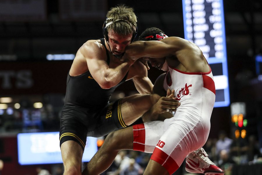 Iowas 141-pound Max Murin grapples with Nebraskas  Chad Red  during session three of the Big Ten Wrestling Tournament in Piscataway, NJ on Sunday, March 8, 2020. Red won by decision, 3-1, and Murin placed fifth in the tournament 