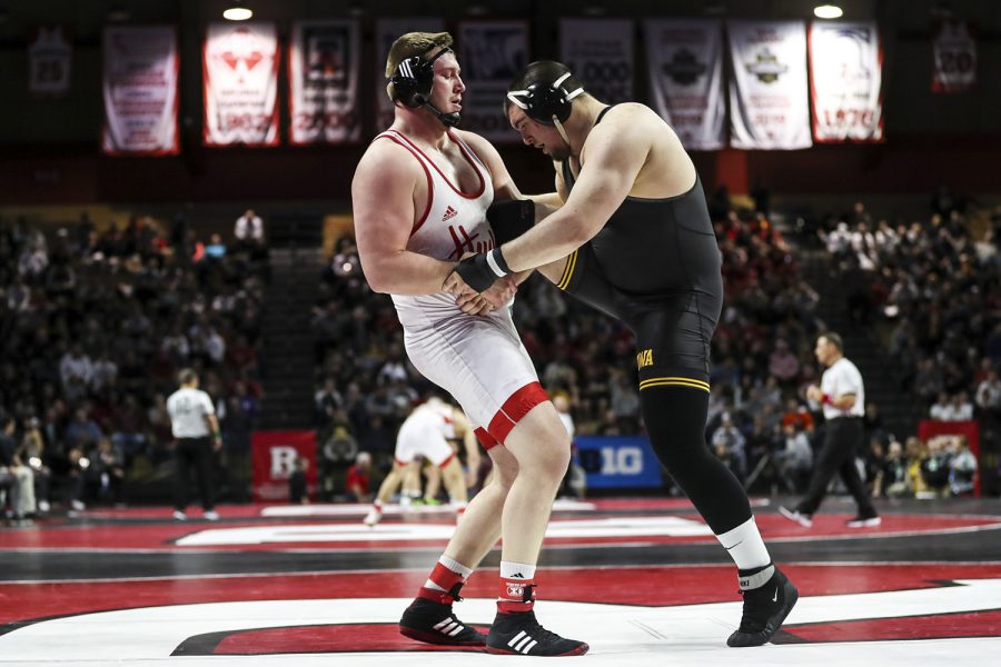 Iowas 285-pound Tony Cassioppi grapples with Nebraskas  David Jensen during session two of the Big Ten Wrestling Tournament in Piscataway, NJ on Sunday, March 8, 2020. Cassioppi won by fall in 2:55. 