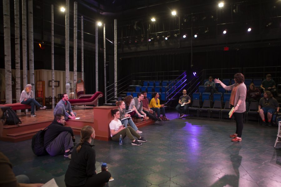 Director Lila Rachel Becker gives the cast notes during the Three Sisters dress rehearsal in the Theater Building on Thursday, March 5, 2020. The show will premiere Thursday night, March 5th and run until Saturday, March 14th.
