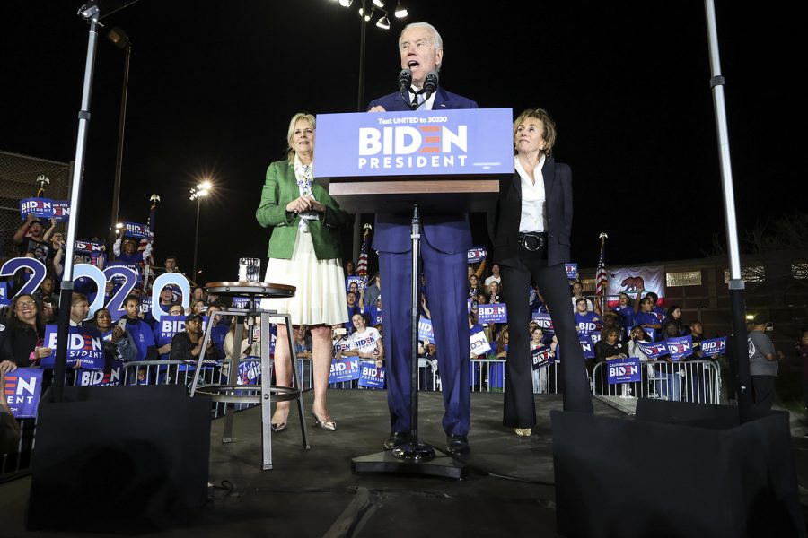 Democratic Presidential hopeful Joe Biden takes the stage with his wife, Jill, and sister, Valerie, right, during a campaign rally at the Baldwin Hills Recreation Center in Los Angeles on Tuesday, March 3, 2020. (Robert Gauthier/Los Angeles Times/TNS)