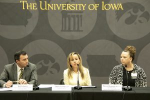 UI administrators field questions from reporters during a press conference regarding the COVID-19 pandemic at the IMU on Wednesday, March 11, 2020. 
