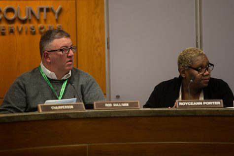 Johnson County Supervisors Rod Sullivan and Royceeann Porter  listen to a presentation during a meeting on Thursday, Feb. 12, 2020. 