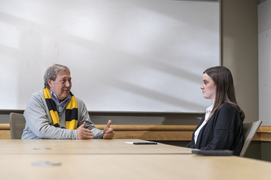 University+of+Iowa+President+Bruce+Harreld+talks+with+members+of+the+Daily+Iowan+during+an+interview+at+the+Adler+Journalism+Building+on+Thursday%2C+Feb.+13%2C+2019.+President+Harreld+has+been+the+president+at+the+university+since+November+2%2C+2015.+