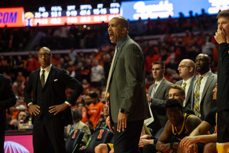 University of Iowa Mens Basketball Assistant Coach Billy Taylor at the University of Illinois on Sunday, March 8, 2020, at the State Farm Center in Champaign, Ill. The Hawkeyes lost to the Fighting Illini, 76-78. 