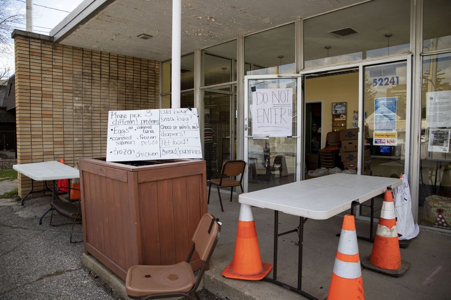 The Coralville Community Food Pantry is seen on Tuesday, March 31, 2020. To help curb the spread of the novel coronavirus, the pantry has adopted new distribution methods, including curbside pickup and limited deliveries, catering especially to the elderly and those with immunodeficiencies. 