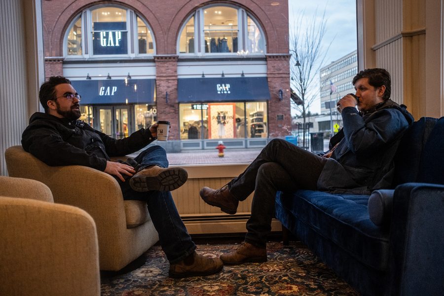 (From left) Dominic Barone and Max Crystal pose for a portrait in Kru Coffee in Burlington, Vermont on Monday, March 2, 2020. 