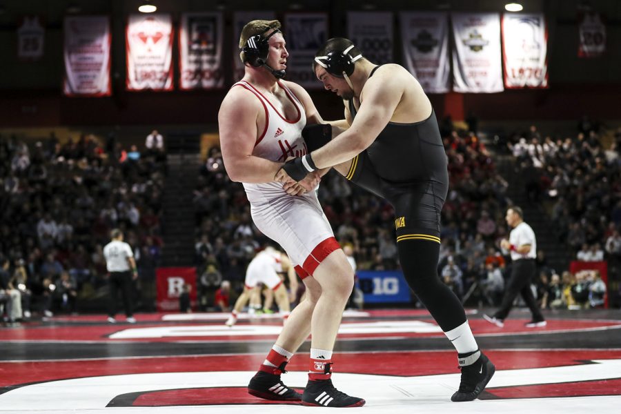 Iowas 285-pound Tony Cassioppi grapples with Nebraskas  David Jensen during session two of the Big Ten Wrestling Tournament in Piscataway, NJ on Saturday, March 8, 2020. Cassioppi won by fall in 2:55. (Nichole Harris/The Daily Iowan)