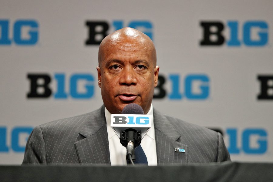 Big+Ten+Conference+Commissioner+Kevin+Warren+addresses+reporters+regarding+the+cancellation+of+the+2020+Big+Ten+men%26apos%3Bs+basketball+tournament+at+Bankers+Life+Fieldhouse+in+Indianapolis%2C+on+Thursday%2C+March+12%2C+2020.