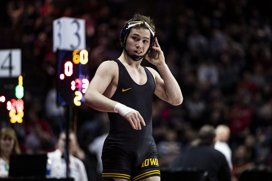 Iowas+125-pound+Spencer+Lee+grapples+with+Rutgers++Nicolas+Aguilar+during+session+one+of+the+Big+Ten+Wrestling+Tournament+in+Piscataway%2C+NJ+on+Saturday%2C+March+7%2C+2020.+Lee+won+by+fall+in+2%3A53.+%28Nichole+Harris%2FThe+Daily+Iowan%29