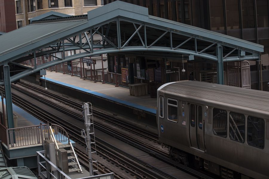 A metro train enters an empty Harold Washington Library station in The Loop in downtown Chicago on Saturday, March 21. Harold Washington Library is the central library in the Chicago public library system and the area is home to multiple universities. At the corner of State and Van Buren, a few blocks east of Grant Park and west of the Willis Tower, the station services the pink, brown, orange and purple lines of the “L” city metro system. This photo was taken in the afternoon, a time that would normally see a high volume of commuters in the city, if not for the COVID-19 outbreak.