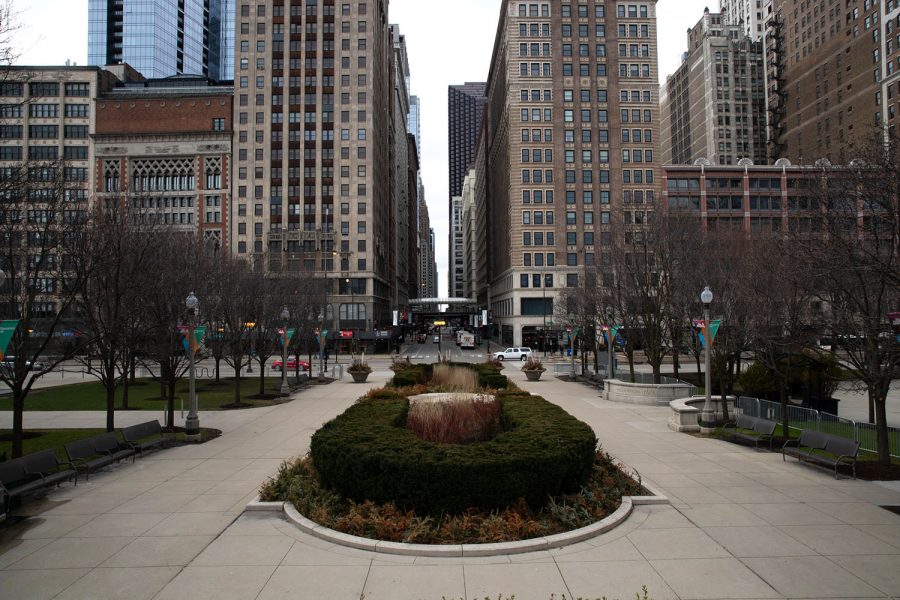 This empty plaza in Millennium Park sits adjacent to the sparsely populated intersection of Madison Street and Michigan Avenue.
