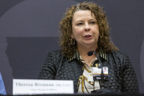 UIHC Chief Medical Officer Theresa Brennan speaks during a media availability event at the IMU on March 4, 2020. The University of Iowa officials spoke to reporters about the UIs actions regarding coronavirus. 