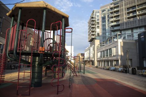 The playground by the Iowa City Public Library is seen on Saturday, April 4, 2020. Downtown was quiet during the first weekend after spring break as classes have been moved online and the bars closed due to coronavirus. 
