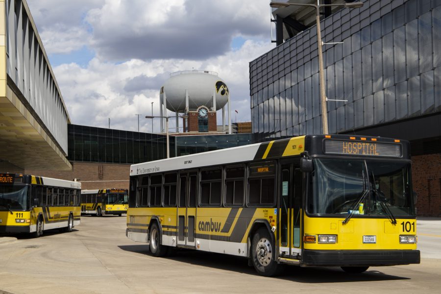 Cambuses pick up and drop off passengers at the WCTC stop on Monday, April 20, 2020.