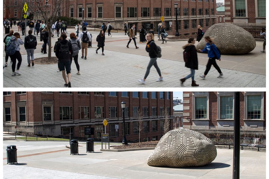 In this diptych, the T. Anne Clery Walkway is seen on March 11 and March 30, 2020. The first photo was taken on the last day of regularly scheduled classes and the second on the first day of online classes. Classes have been moved online for the remainder of the semester due to coronavirus .