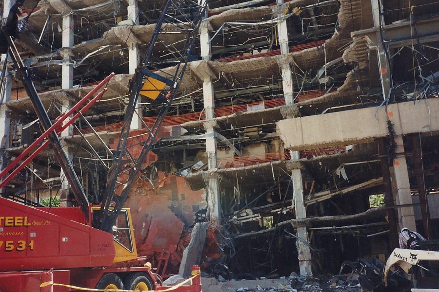 A destroyed section of the Alfred P. Murrah Federal Building’s north side is shown in the weeks following a bombing. The entire north wall of the building was obliterated at 9:02 a.m. on April 19, 1995 when a bomb at the building’s north entrance detonated, killing 168 people. 