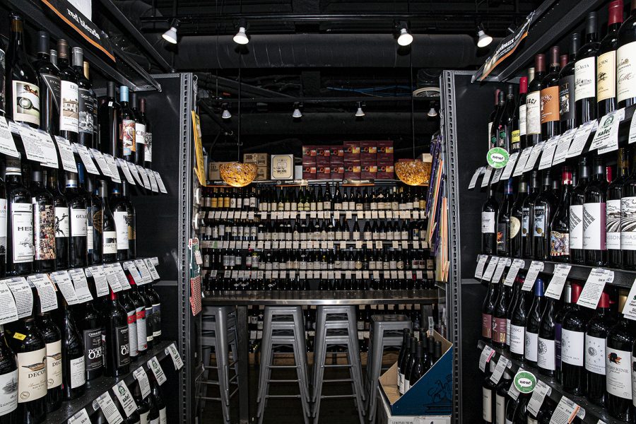 The wine aisle at Bread Garden Market is seen in downtown Iowa City on Wednesday, April 15, 2020.