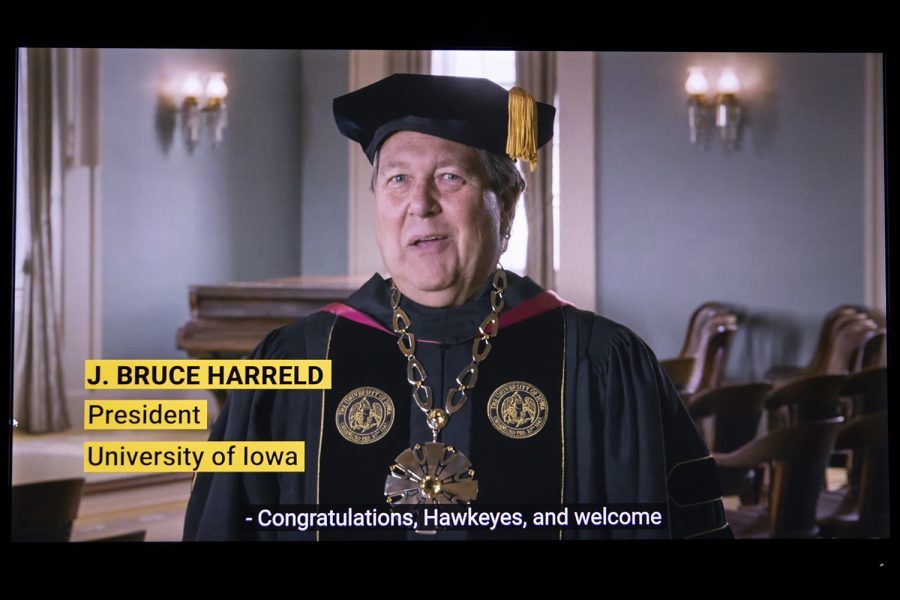 University of Iowa President Bruce Harreld speaks during virtual commencement on Saturday, May 16, 2020. Due to concerns surrounding the COVID-19, the University of Iowa moved commencement online in March. 