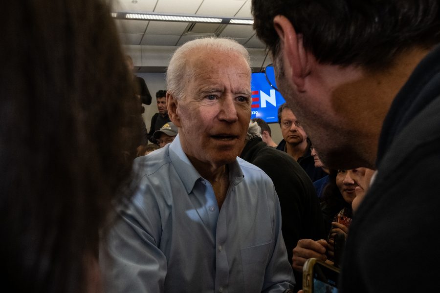 Former Vice President Joe Biden speaks with audience members following a campaign event in North Liberty on Saturday, February 1, 2020. With the Iowa Caucuses happening in two days, former Vice President Biden stopped to give a last minute pitch to Iowa voters. (Wyatt Dlouhy/The Daily Iowan)