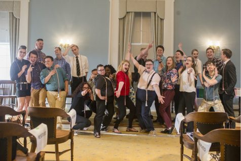All graduating seniors that participated in the Rainbow Graduation pose after the event on Tue. May 8, 2018 held in the Old Capitol Senate Chamber. The Rainbow Graduation allows LGBTQ students to celebrate their graduation as a group. 