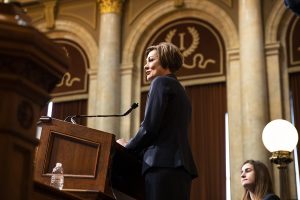 Gov. Kim Reynolds speaks during the Condition of the State address at the Iowa State Capitol on Tuesday, January 14, 2020. Gov. Kim Reynolds discussed initiatives such as tax cuts, mental health funding, and workforce training. 