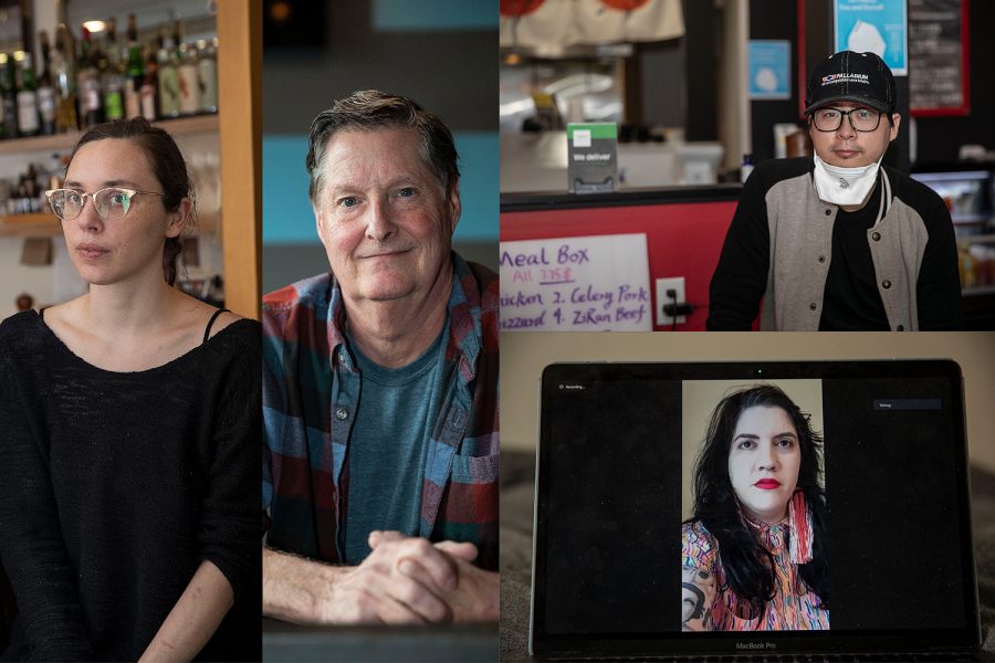 In this diptych, Co-owner of Dandy Lion Lindsay Chastain (far left), Owner of D.P Dough Jon Sewell (center), Owner of JiangHu Asian Street Food Yi Zheng (top right) and Owner of Honeybee Hair Parlor JoAnn Larpenter-Sinclair (bottom right) pose for portraits.