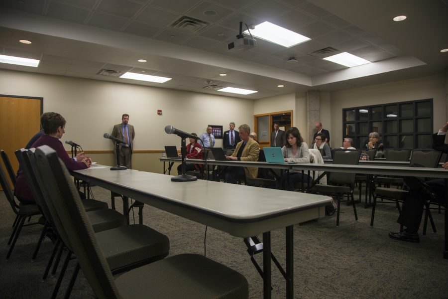 Then-DI news reporter Marissa Payne (right) reports alongside Iowa higher education reporters at a press conference with state Board of Regents President Bruce Rastetter and President Pro Tem Katie Mulholland at the University of Northern Iowa in Cedar Falls on Monday, Dec. 5, 2016. This was Paynes third-ever regents meeting.