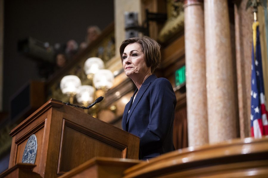 Gov. Kim Reynolds speaks during the Condition of the State address at the Iowa State Capitol on Tuesday, January 14, 2020.