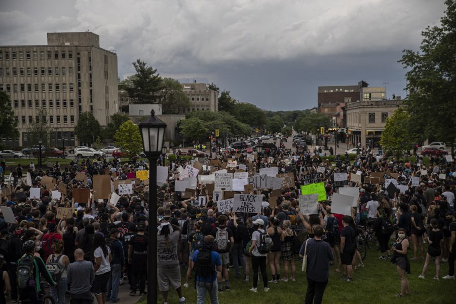 A march to support the Black Lives Matter movement and protest police brutality begins at the Pentacrest in downtown Iowa City on Thursday, June 4. The crowd, which contained about 2,500 people according to organizers, is seen here beginning the march by exiting the east side of the Pentacrest before they would head south on Clinton St. 