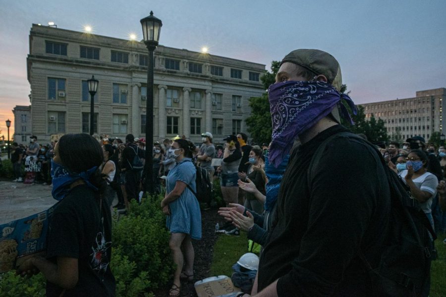 Protesters return to the Old Capitol after marching through downtown Iowa City as part of another protest on Monday, June 8th, 2020. Iowa City along with a majority of the country has been protesting the murder of George Floyd and systemic racism in the police force.