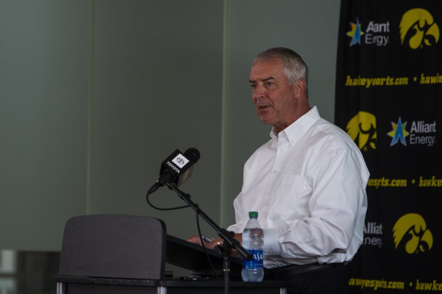 Iowa Athletic Director Gary Barta speaks at a press conference on Monday, June 15 at Carver-Hawkeye Arena. Barta addressed recent action within the Iowa Athletic Department, including the separation agreement with Chris Doyle, as well as plans for the future.