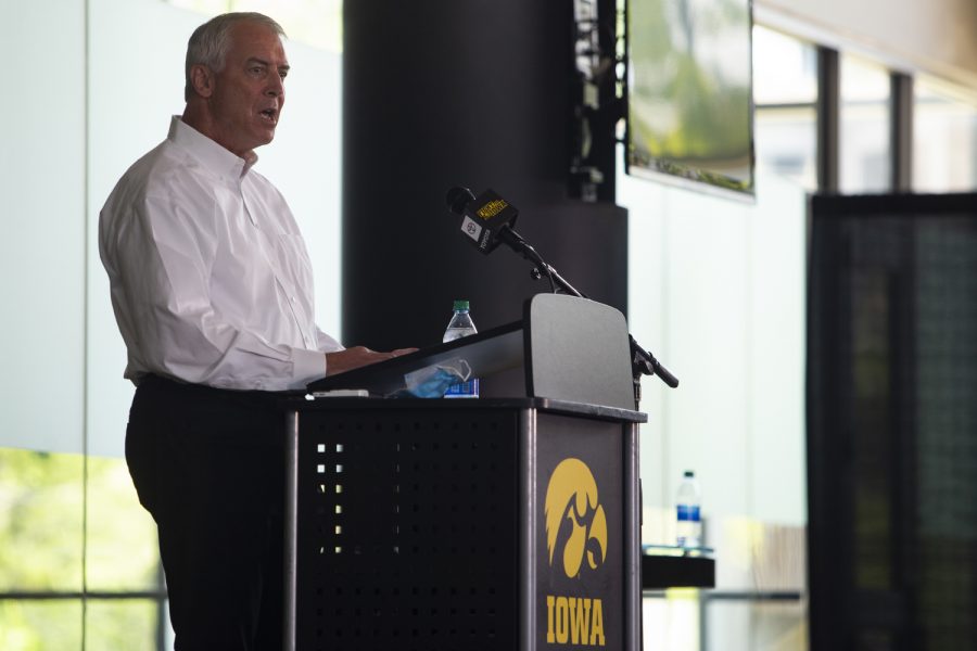 Iowa Athletic Director Gary Barta speaks at a press conference on Monday, June 15 at Carver-Hawkeye Arena. Barta addressed recent action within the Iowa Athletic Department, including the separation agreement with Chris Doyle, as well as plans for the future.