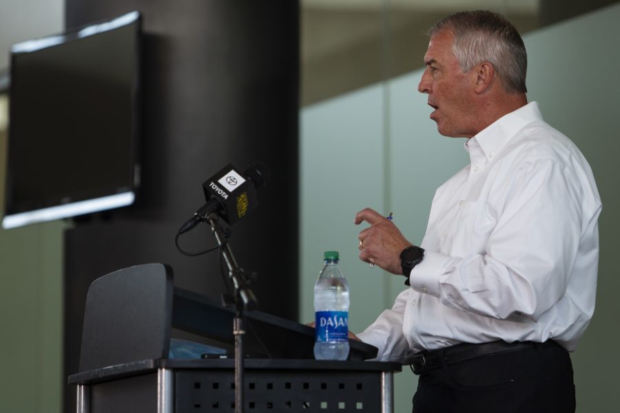 Iowa Athletic Director Gary Barta speaks at a press conference on Monday, June 15 at Carver-Hawkeye Arena. Barta addressed recent action within the Iowa Athletic Department, including the separation agreement with Chris Doyle, as well as plans for the future.