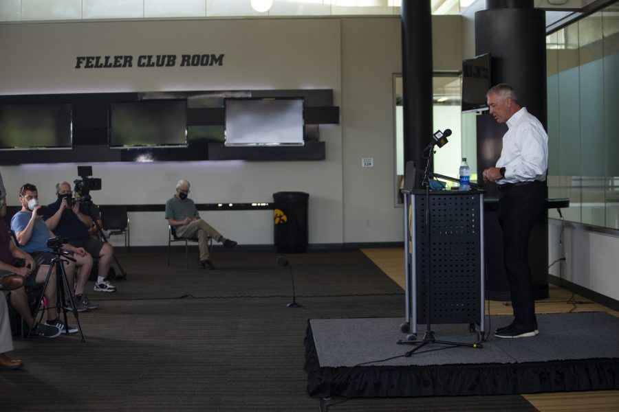 Iowa Athletic Director Gary Barta speaks at a press conference on Monday, June 15, at Carver-Hawkeye Arena. Barta addressed recent action within the Iowa Athletic Department, including the separation agreement with Chris Doyle, as well as plans for the future.