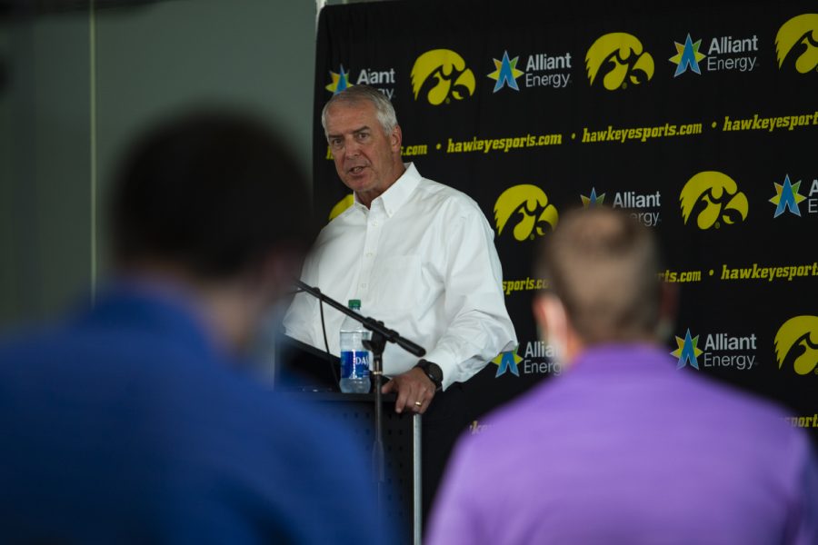 Iowa Athletic Director Gary Barta speaks at a press conference on Monday, June 15 at Carver-Hawkeye Arena. Barta addressed recent action within the Iowa Athletic Department, including the separation agreement with Chris Doyle, as well as plans for the future.