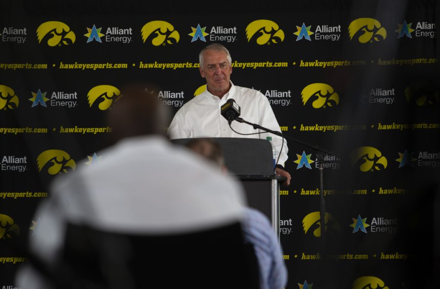 Iowa Athletic Director Gary Barta pauses to collect his emotions at a press conference on Monday, June 15 at Carver-Hawkeye Arena. Barta addressed recent action within the Iowa Athletic Department, including the separation agreement with Chris Doyle, as well as plans for the future.