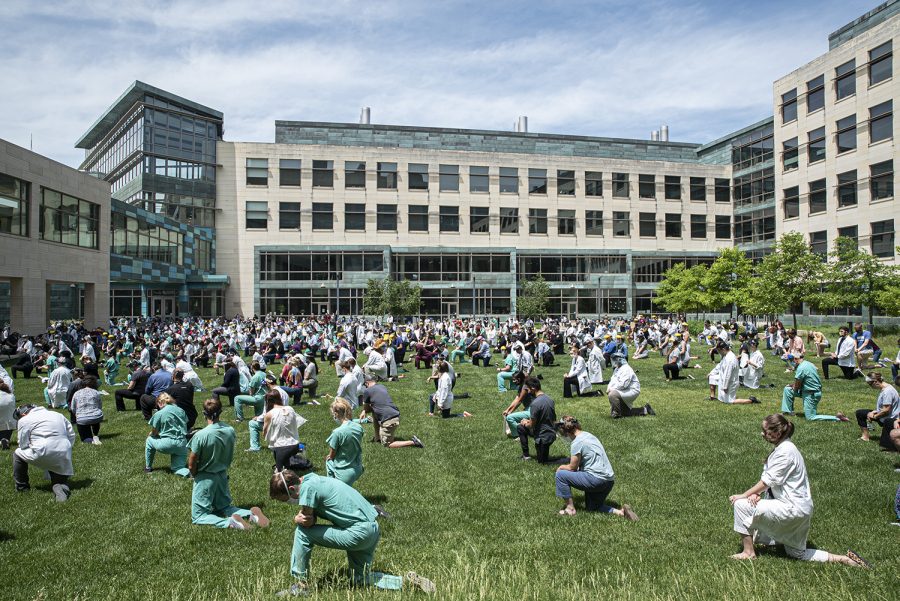 The Carver College of Medicine gathered outside the Medical Education Research Facility for White Coats for Black Lives on Friday, June 5th, 2020. The medical community silently nealt for ten minutes in honor of Breonna Taylor and to protest systemic racism. 