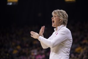 Iowa Head Coach Lisa Bluder instructs her team on what to do during a women’s basketball between Iowa and Wisconsin at Carver-Hawkeye Arena on Sunday, Feb. 16, 2020. The Hawkeyes defeated the Badgers 97-71.