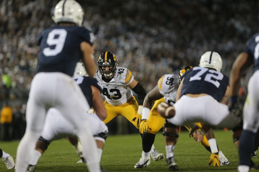 Iowa defensive linebacker Josey Jewell stares down Penn State quarterback Trace McSorley during the Iowa-Penn State game in Beaver Stadium in College State on Saturday, Nov. 5, 2016. The Nittany Lions defeated the Hawkeyes, 41-14. 